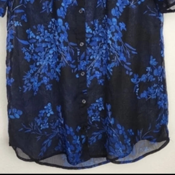 Express Brand Women's Sheer Overlay Dress Blue & Black Print Button-down Size L - Picture 3 of 6